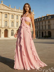 Blush Pink Halter Chiffon A-Line Prom Dress with Twist Flower Bust Cutout Waist Cascading Side Ruffles and Open Back Bow Tie