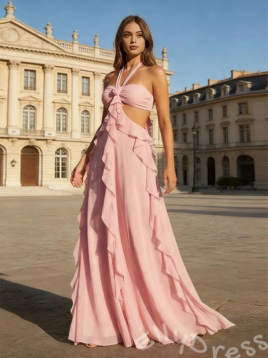 Blush Pink Halter Chiffon A-Line Prom Dress with Twist Flower Bust Cutout Waist Cascading Side Ruffles and Open Back Bow Tie