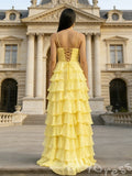 Yellow Spaghetti Strap Sweetheart A-Line Prom Dress with Layered Ruffles Bow Front Lace-Up Back and High Slit