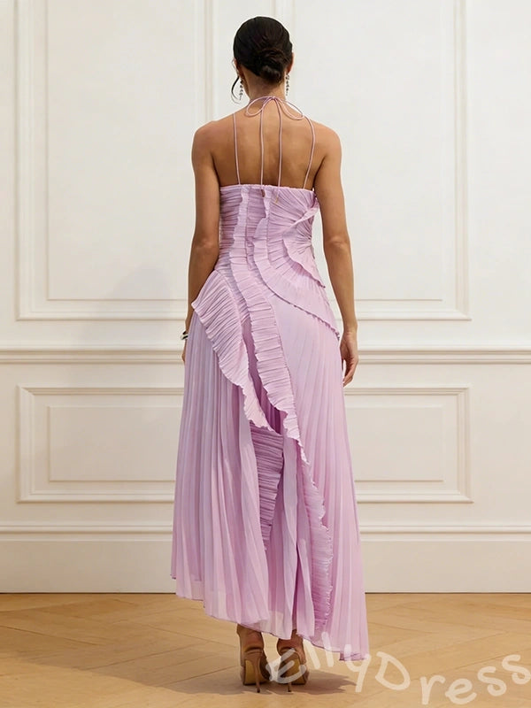 Lilac Halter Asymmetric One Shoulder Pleated Chiffon A-Line Prom Dress with Diagonal Spiral Ruffles High Slit and Open Back