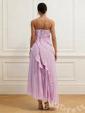 Lilac Halter Asymmetric One Shoulder Pleated Chiffon A-Line Prom Dress with Diagonal Spiral Ruffles High Slit and Open Back
