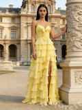 Yellow Spaghetti Strap Sweetheart A-Line Prom Dress with Layered Ruffles Bow Front Lace-Up Back and High Slit