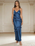 Spaghetti Strap V-Neck Satin Prom Dress with Spiral Tiered Ruffles Open Back and Criss Cross Lace-Up