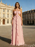 Blush Pink Halter Chiffon A-Line Prom Dress with Twist Flower Bust Cutout Waist Cascading Side Ruffles and Open Back Bow Tie