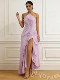 Lilac Halter Asymmetric One Shoulder Pleated Chiffon A-Line Prom Dress with Diagonal Spiral Ruffles High Slit and Open Back