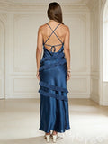 Spaghetti Strap V-Neck Satin Prom Dress with Spiral Tiered Ruffles Open Back and Criss Cross Lace-Up