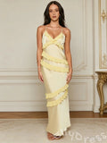 Spaghetti Strap V-Neck Satin Prom Dress with Spiral Tiered Ruffles Open Back and Criss Cross Lace-Up