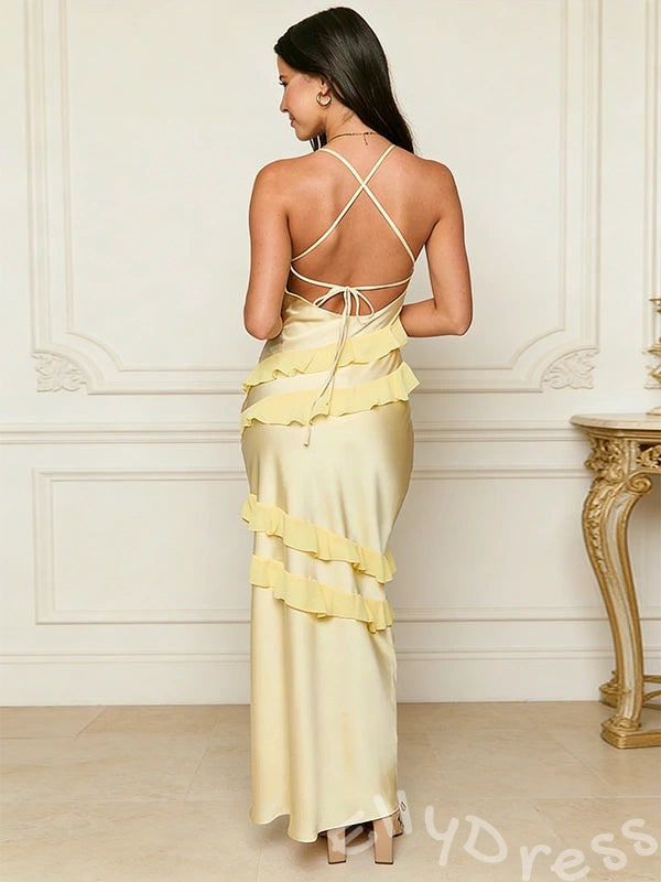 Spaghetti Strap V-Neck Satin Prom Dress with Spiral Tiered Ruffles Open Back and Criss Cross Lace-Up