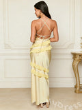 Spaghetti Strap V-Neck Satin Prom Dress with Spiral Tiered Ruffles Open Back and Criss Cross Lace-Up
