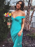 Simple Teal Mermaid Off-Shoulder Long Prom Dress With Open Back