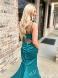 Emerald Green Spaghetti Strap Cowl Neck Satin Mermaid Prom Dress with Strappy Lace-Up Back and High Slit