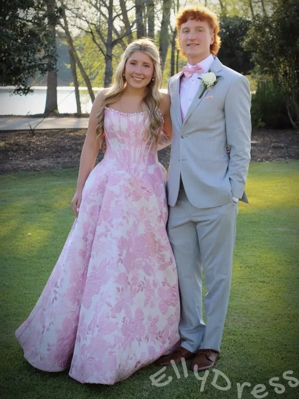 Pink Rose Floral Print Strapless Satin A-Line Prom Dress with 3D Rose Flower