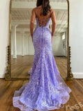 Lavender Spaghetti Strap Square Neck Full Floral Lace Embroidered Fitted Mermaid Prom Dress with White Lace Overlay Lace-Up Corset Back and Sweep Train
