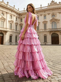 Pink Iridescent Wide Strap Bow Tie Deep V-Neck Tiered Cake Ball Gown Prom Dress with Metallic Jacquard Fabric Wide Waistband Eight-Layer Ruffles and Open Back
