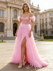 Pink Off-Shoulder Feather Sleeve Sweetheart Sheer Corset Tulle A-Line Prom Dress with Tiered Ruffles High Slit and Lace-Up Back