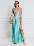 Metallic Mint Spaghetti Strap Deep V-Neck Shimmer A-Line Prom Dress with Ruched V Bodice Double Side Cutout Waist High Slit and Open Back