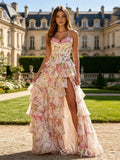 Cream Pink Rose Floral Print Strapless Sweetheart Sheer Boned Corset Bodice Seven-Tier Ruffle A-Line Prom Dress with 3D Rose Flower Detail Front High Slit and White Lace-Up Back