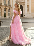 Pink Off-Shoulder Feather Sleeve Sweetheart Sheer Corset Tulle A-Line Prom Dress with Tiered Ruffles High Slit and Lace-Up Back