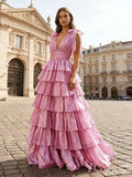 Pink Iridescent Wide Strap Bow Tie Deep V-Neck Tiered Cake Ball Gown Prom Dress with Metallic Jacquard Fabric Wide Waistband Eight-Layer Ruffles and Open Back