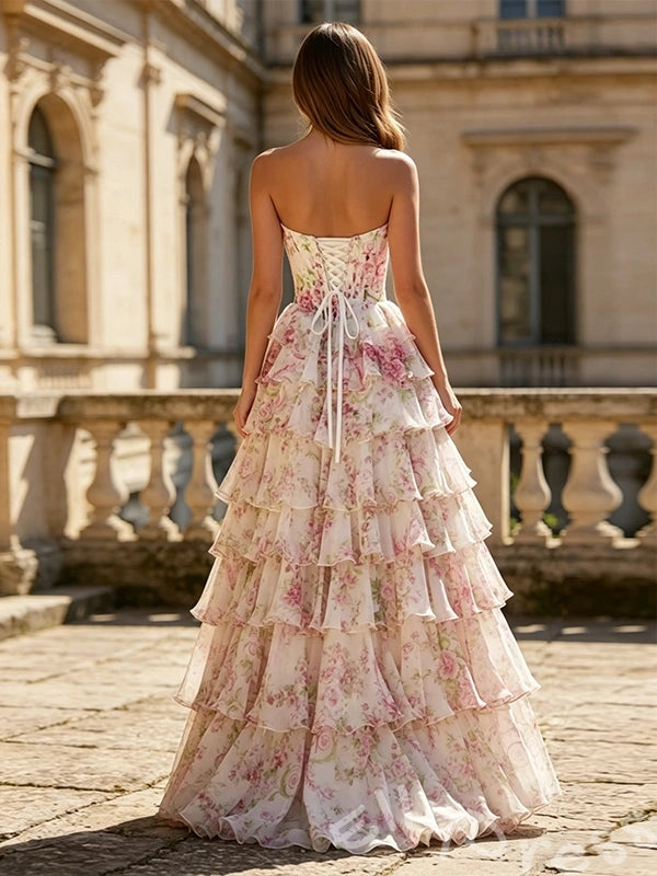 Cream Pink Rose Floral Print Strapless Sweetheart Sheer Boned Corset Bodice Seven-Tier Ruffle A-Line Prom Dress with 3D Rose Flower Detail Front High Slit and White Lace-Up Back