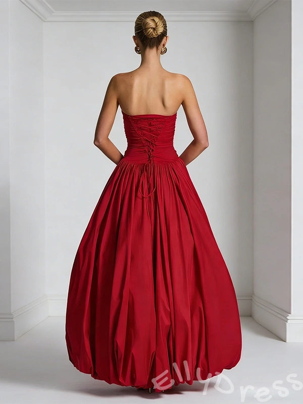 Burgundy Strapless Straight Neck Satin Bubble Ball Gown Prom Dress with Ruched Bust Voluminous Gathered Skirt Asymmetric High Slit and Lace-Up Back