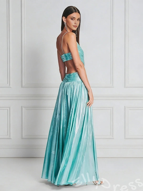 Metallic Mint Spaghetti Strap Deep V-Neck Shimmer A-Line Prom Dress with Ruched V Bodice Double Side Cutout Waist High Slit and Open Back