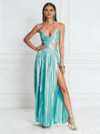 Metallic Mint Spaghetti Strap Deep V-Neck Shimmer A-Line Prom Dress with Ruched V Bodice Double Side Cutout Waist High Slit and Open Back