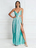 Metallic Mint Spaghetti Strap Deep V-Neck Shimmer A-Line Prom Dress with Ruched V Bodice Double Side Cutout Waist High Slit and Open Back