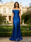 Royal Blue One Shoulder Off-Shoulder Satin Mermaid Prom Dress with Ruched Bodice Ruched Back and Sweep Train