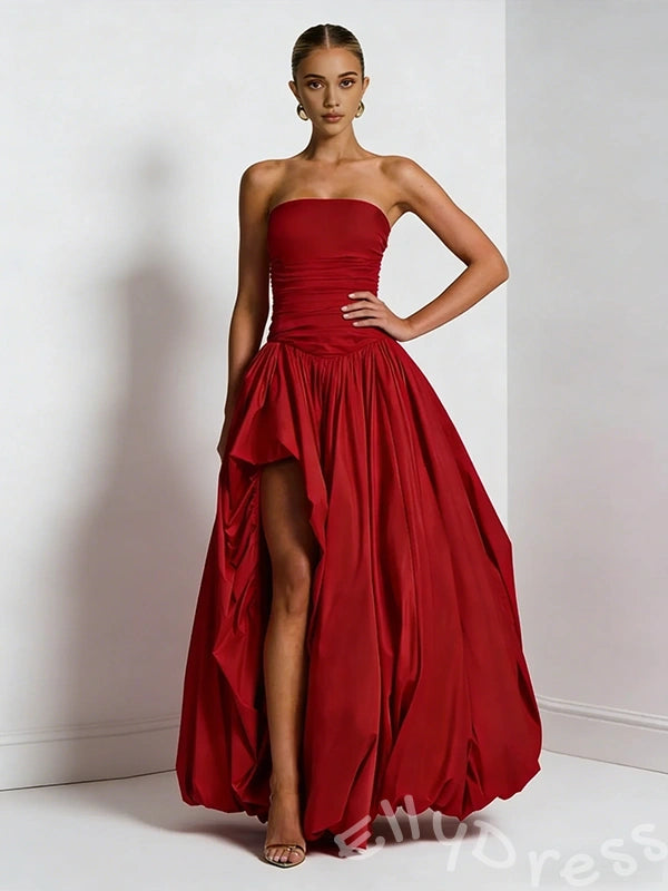 Burgundy Strapless Straight Neck Satin Bubble Ball Gown Prom Dress with Ruched Bust Voluminous Gathered Skirt Asymmetric High Slit and Lace-Up Back