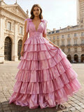 Pink Iridescent Wide Strap Bow Tie Deep V-Neck Tiered Cake Ball Gown Prom Dress with Metallic Jacquard Fabric Wide Waistband Eight-Layer Ruffles and Open Back