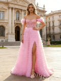 Pink Off-Shoulder Feather Sleeve Sweetheart Sheer Corset Tulle A-Line Prom Dress with Tiered Ruffles High Slit and Lace-Up Back