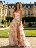 Cream Pink Rose Floral Print Strapless Sweetheart Sheer Boned Corset Bodice Seven-Tier Ruffle A-Line Prom Dress with 3D Rose Flower Detail Front High Slit and White Lace-Up Back