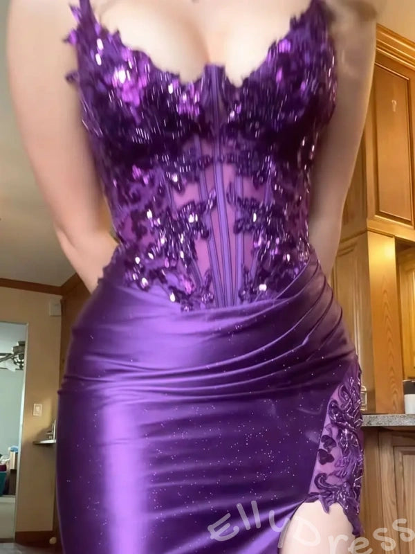 Deep Purple Spaghetti Strap Sweetheart Sheer Lace Corset Satin Mermaid Prom Dress with Sequin Embroidery Ruched Side High Slit Lace-Up Back and Sweep Train