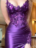 Deep Purple Spaghetti Strap Sweetheart Sheer Lace Corset Satin Mermaid Prom Dress with Sequin Embroidery Ruched Side High Slit Lace-Up Back and Sweep Train