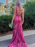 Fuchsia Magenta Wide Strap Deep V-Neck Full Sequin Embroidered Mermaid Prom Dress with Tropical Leaf Pattern Iridescent Multi-Color Shimmer Open Back and Sweep Train