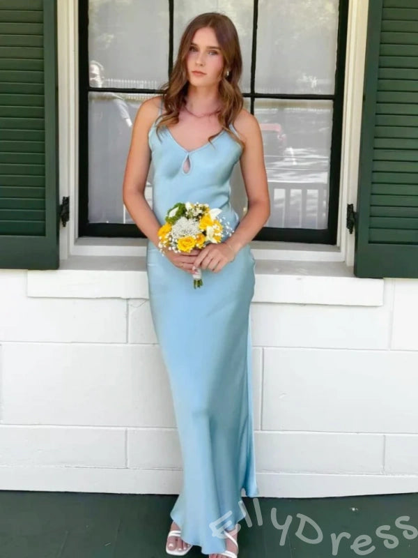 Barbie Pink Spaghetti Strap Deep V-Neck Satin Mermaid Prom Dress with Teardrop Cutout Bust Criss Cross Straps and Open Back