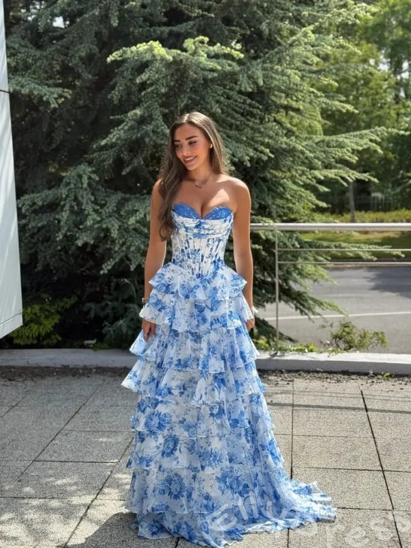 Blue Floral Print Strapless Sweetheart Sheer Boned Corset Bodice Eight-Tier Ruffle A-Line Prom Dress with Front High Slit and White Lace-Up Back