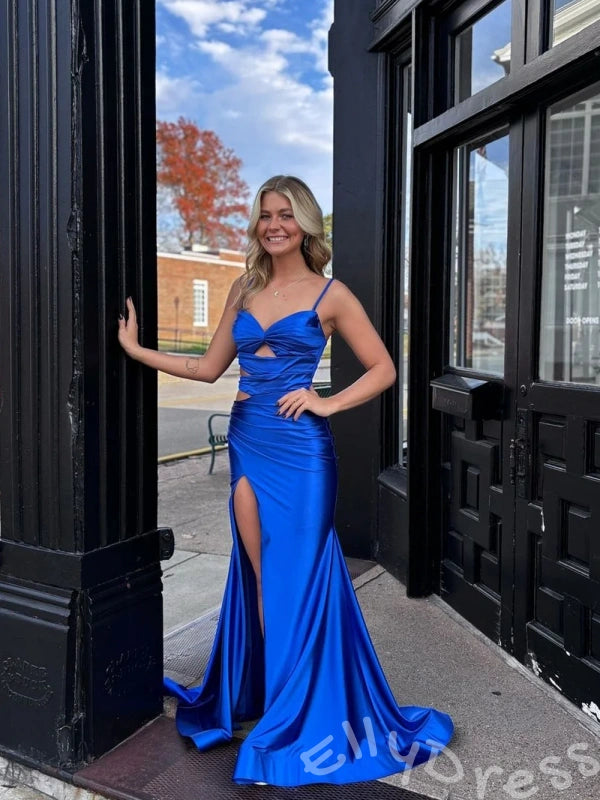 Royal Blue Spaghetti Strap Sweetheart Mermaid Prom Dress with Cutout Waist Ruched High Slit and Lace-Up Back