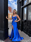 Royal Blue Spaghetti Strap Sweetheart Mermaid Prom Dress with Cutout Waist Ruched High Slit and Lace-Up Back