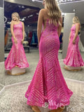 Hot Pink One Shoulder Full Geometric Chevron Sequin Embroidered Mermaid Prom Dress with Sheer Mesh Base Open Back and Sweep Train