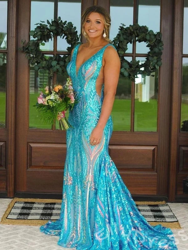 Fuchsia Magenta Wide Strap Deep V-Neck Full Sequin Embroidered Mermaid Prom Dress with Tropical Leaf Pattern Iridescent Multi-Color Shimmer Open Back and Sweep Train