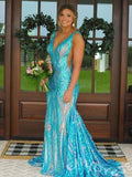 Fuchsia Magenta Wide Strap Deep V-Neck Full Sequin Embroidered Mermaid Prom Dress with Tropical Leaf Pattern Iridescent Multi-Color Shimmer Open Back and Sweep Train
