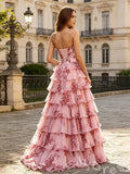 Pink Rose Floral Print Strapless Sweetheart Ruffle A-Line Prom Dress with 3D Rose Flower