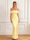 Lemon Yellow Off-Shoulder Satin Sheath Prom Dress with Ruched Draped Bust Open Back and Bow Tie