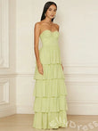 Lime Green Strapless Sweetheart Chiffon Tiered Cake A-Line Prom Dress with Ruched Twist Bust Five-Layer Pleated Ruffles and Open Back