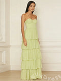 Lime Green Strapless Sweetheart Chiffon Tiered Cake A-Line Prom Dress with Ruched Twist Bust Five-Layer Pleated Ruffles and Open Back