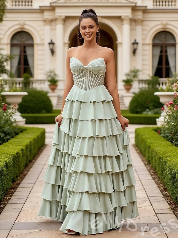 Sage Green Strapless Sweetheart Sheer Rhinestone Corset Bodice Tiered Cake A-Line Prom Dress with Seven-Layer Satin Ruffle Skirt and Open Back