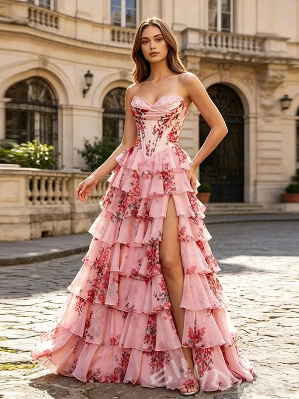 Pink Rose Floral Print Strapless Sweetheart Ruffle A-Line Prom Dress with 3D Rose Flower
