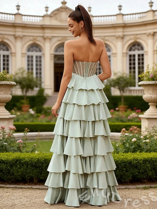 Sage Green Strapless Sweetheart Sheer Rhinestone Corset Bodice Tiered Cake A-Line Prom Dress with Seven-Layer Satin Ruffle Skirt and Open Back